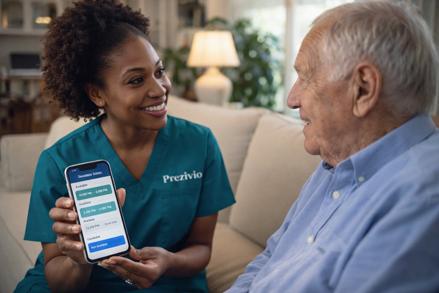 Prezivio caregiver showing scheduling app to senior